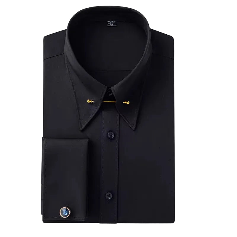 Black dress shirt with cufflinks and tie clip on a white background