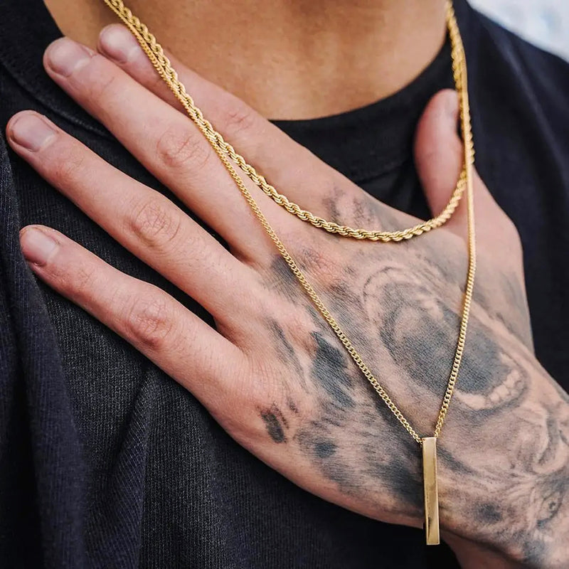 Minimalist Double Chain Necklace with Bar Pendant
